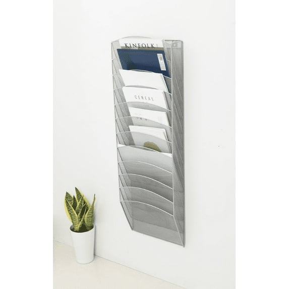 Pro Space Wall Mount Literature Rack, File Folder Organizer, 10 Divisible Pockets Silver Steel Mesh