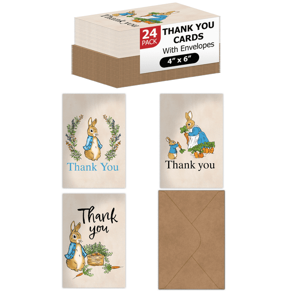 Pro Supply Global 24 Count of 4x6 Pre-Folded Peter Rabbit Thank You Cards With Blank Inside To Leave a Note and Envelopes - Assortment of Greeting Cards Come In 3 Designs
