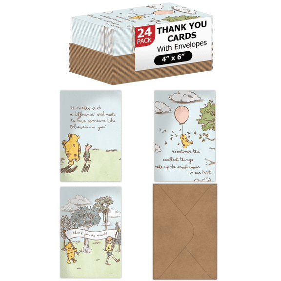 Pro Supply Global 24 Count of 4x6 Pre-Folded Pooh Thank You Cards With Blank Inside To Leave a Note and Envelopes - Assortment of Greeting Cards Come In 3 Designs