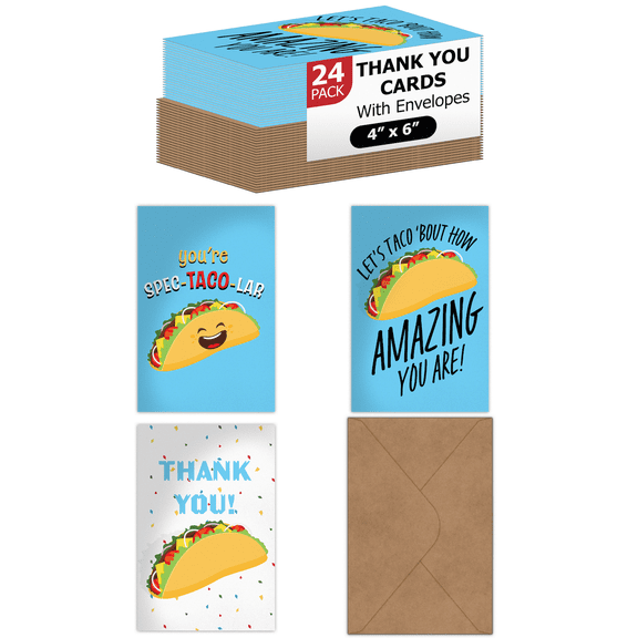 Pro Supply Global 24 Count of 4x6 Pre-Folded Tacos Thank You Cards With Blank Inside To Leave a Note and Envelopes - Assortment of Greeting Cards Come In 3 Designs