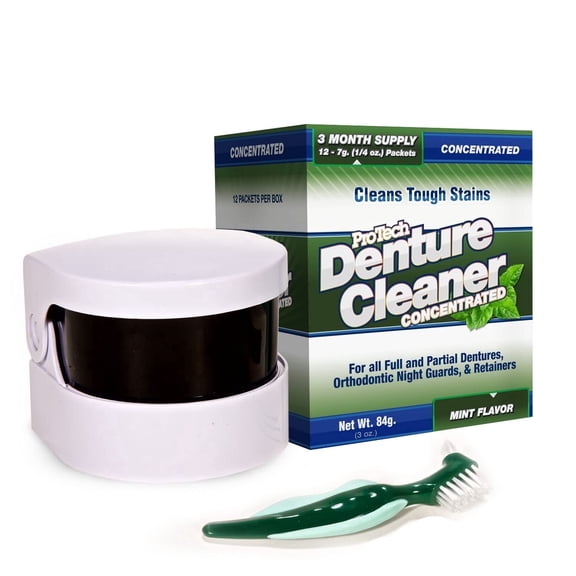 Pro Tech Removable Appliance Care Kit, Denture, Retainer, & Aligner and Cleaning Bundle with Ultrasonic Denture Retainer Cleaner, Brush, Solution, Informational Brochure, Pack of 3