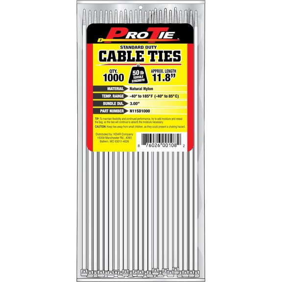 Pro Tie Standard Duty, Self-Locking Nylon Cable Wire Ties for Indoor and Outdoor Use | 11.8-Inch, 50 lbs. Tensile Strength, 1000-Pack