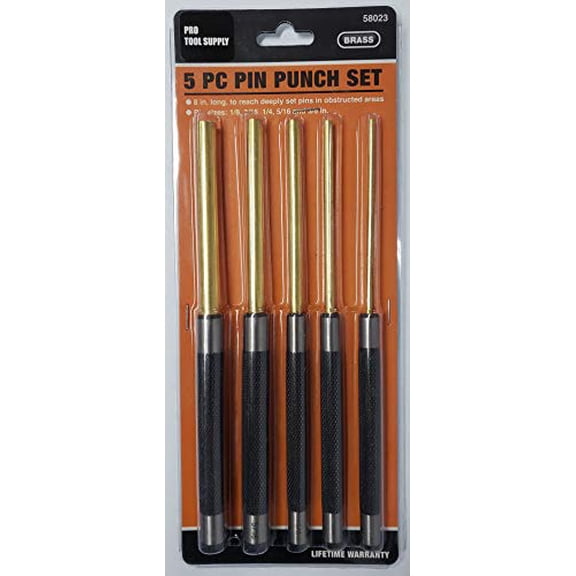 Pro Tool 58023 (W759) 5-PC Brass Pin Punch Set, Long Drive Knurled Handles - Gunsmith 1/8" 3/16" 1/4" 5/16" 3/8"