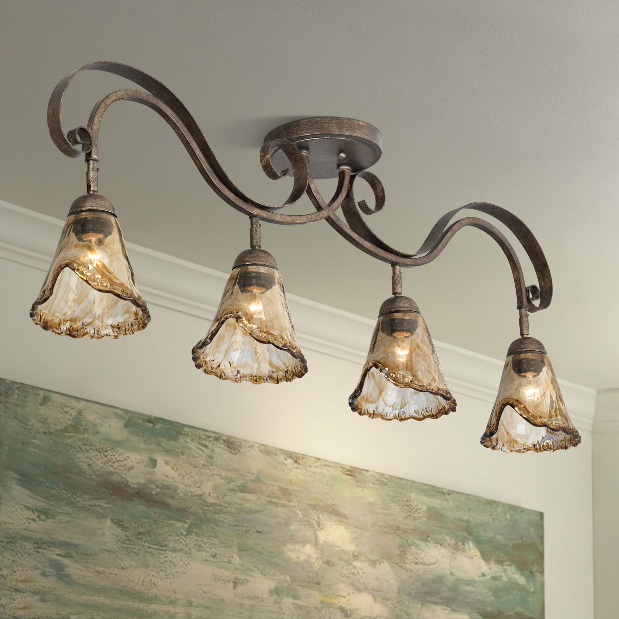 Bronze 4-Light Ceiling Track Fixture with Amber Glass Shades
