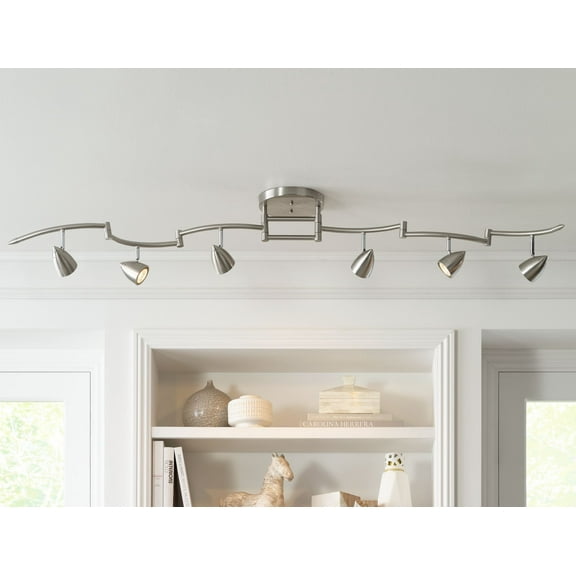 Pro Track Heavy Duty Axel 6-Head LED Ceiling Track Light Fixture Kit Swing Arm Brushed Nickel Finish Metal Modern Kitchen 72" Wide