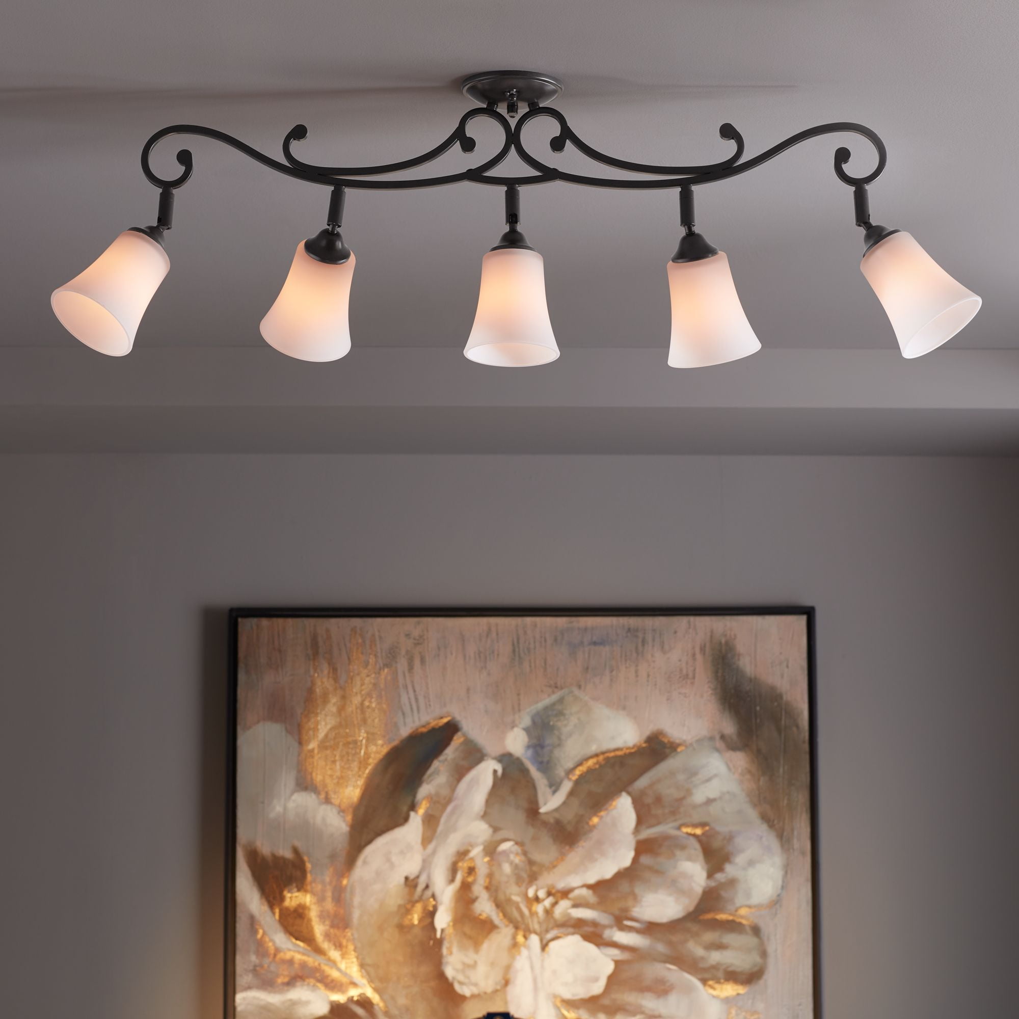 Oil-Rubbed Bronze 5-Light Track Fixture with White Glass Shades