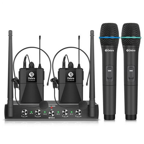 Pro UHF 4 Channel Wireless Microphone System D Debra Audio with Cordless Handheld Lavalier Headset Mics, Metal Receiver, Ideal for Karaoke Church Party (with 2 Handheld & 2 bodypack(B))