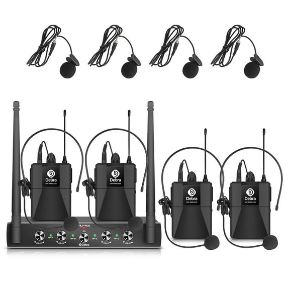 Pro UHF 4 Channel Wireless Microphone System D Debra Audio with Cordless Handheld Lavalier Headset Mics, Metal Receiver, Ideal for Karaoke Church Party (with 4 Bodypack(A))
