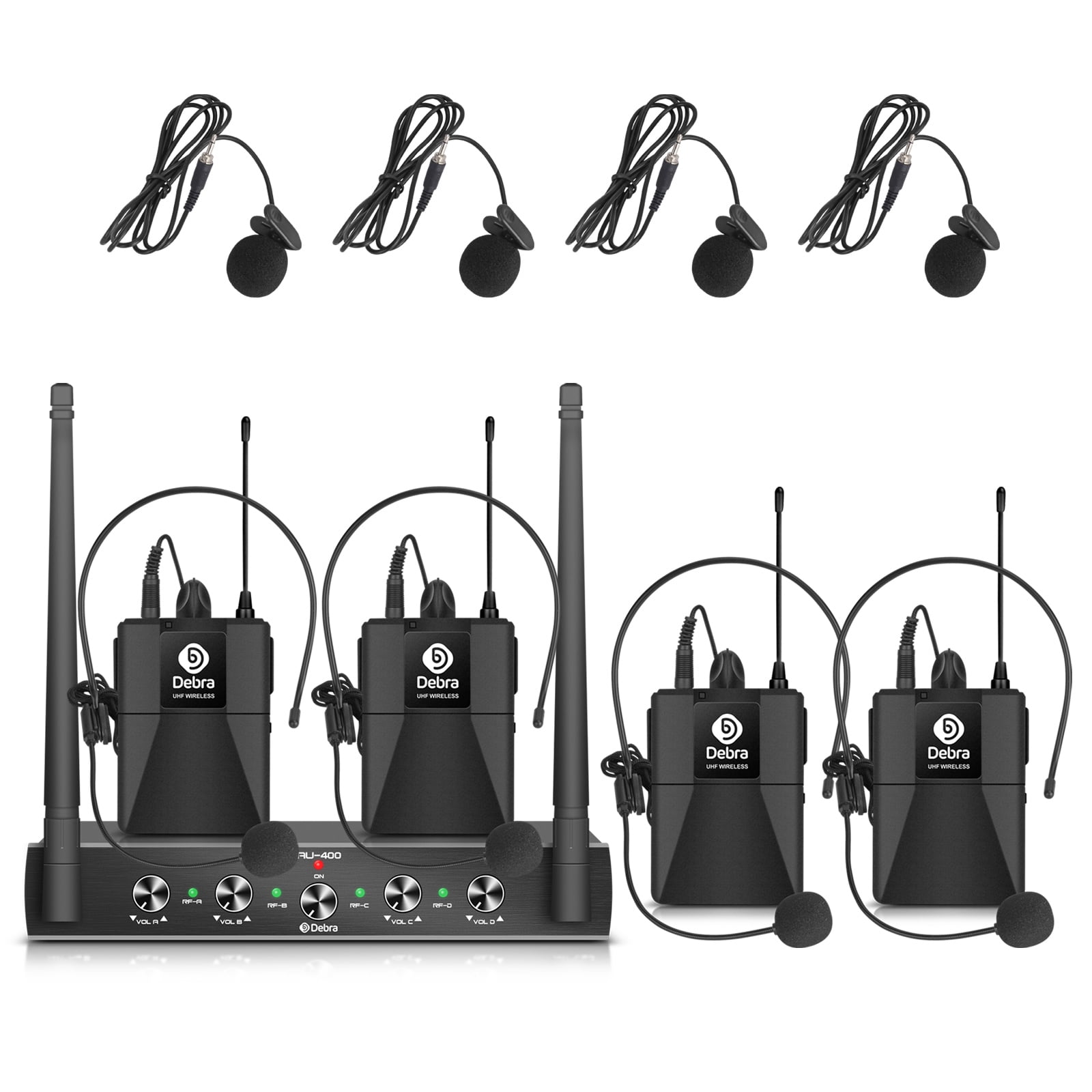 Pro UHF 4 Channel Wireless Microphone System D Debra Audio with Cordless  Handheld Lavalier Headset Mics, Metal Receiver, Ideal for Karaoke Church