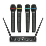 Pro UHF 4 Channel Wireless Microphone System Debra Audio AU400 with Cordless Handheld Lavalier Headset Mics, Metal Receiver, Ideal for Karaoke Church Party(With 4 Handheld Mics(A))