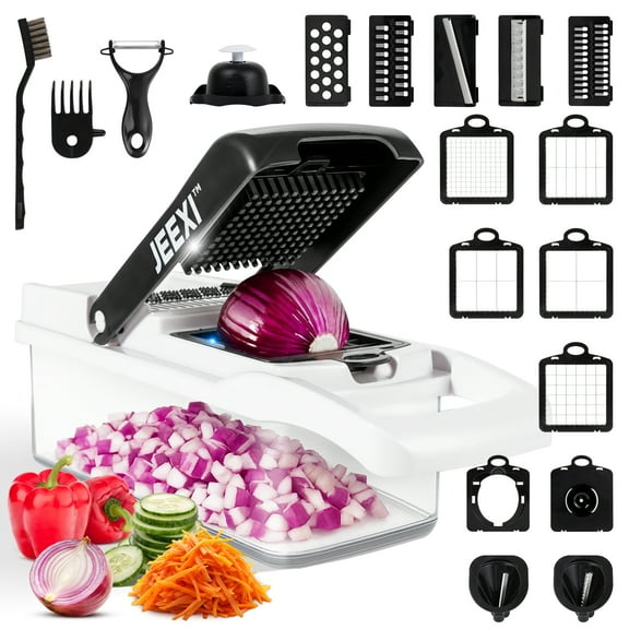 JEEXI Pro Vegetable Chopper, Multi-functional Onion Chopper, Veggie Chopper w/ Stainless Steel Blades, Vegetable Slicer w/ Container, Mandoline Slicer, Dicer, Cutter Ideal for Fruits/Salads