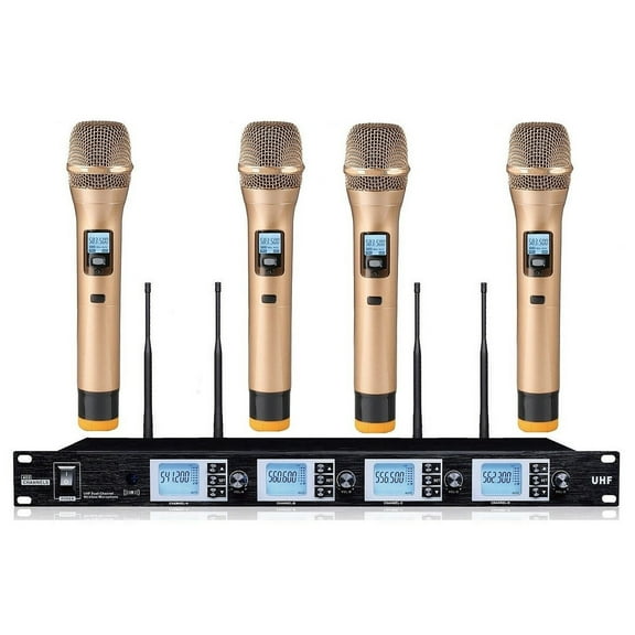 Pro Wireless Microphone System 4-Channel UHF Cordless Handheld Mic GoldenIdeal for Karaoke Church Party
