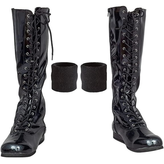 Pro Wrestling Lace up Costume Boots with Matching Wristbands Black, us_Footwear_Size_System, Adult, Men, Alpha, Medium, Medium