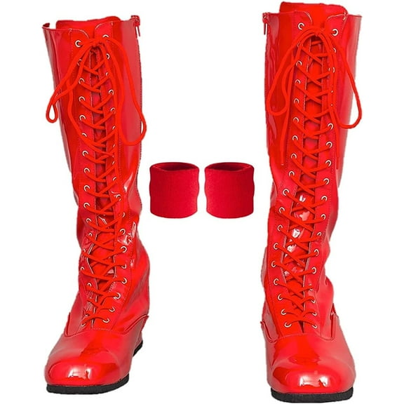 Pro Wrestling Lace up Costume Boots with Matching Wristbands Red, us_Footwear_Size_System, Adult, Men, Alpha, Medium, Small