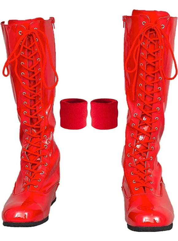 Pro Wrestling Lace up Costume Boots with Matching Wristbands Red, us_Footwear_Size_System, Adult, Men, Alpha, Medium, Small