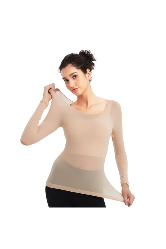 Pro X Gear Lightweight Thermal Undershirt, Slim Fitted Thermal Underwear Tops, Super Stretch Long Sleeve Shirts for Women Cold Weather, Beige