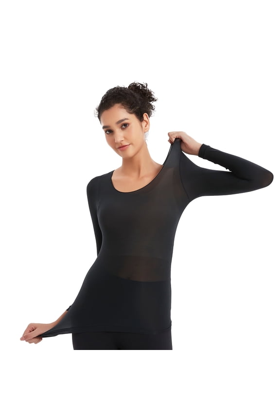 Lightweight Thermal Undershirt, Slim Fitted Thermal Underwear Tops, Super Stretch Long Sleeve Shirts for Women Cold Weather, Black