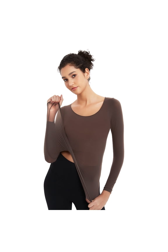 Lightweight Thermal Undershirt, Slim Fitted Thermal Underwear Tops, Super Stretch Long Sleeve Shirts for Women Cold Weather, Coffee