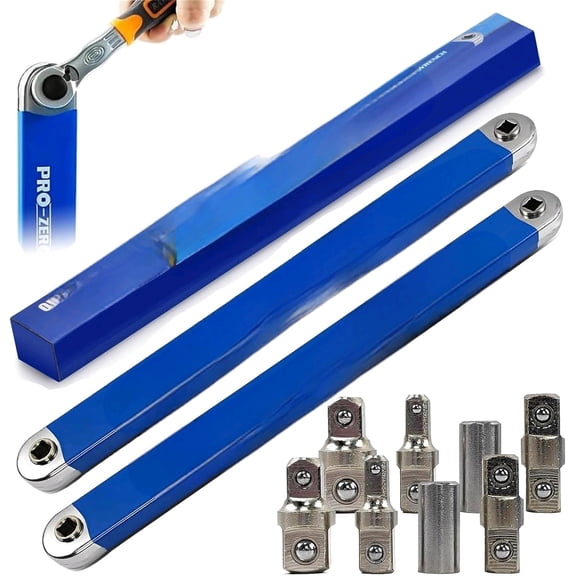 Pro Zero Offset Extension Wrench,Extended Universal Ratchet Wrench,Multifunctional Tight Reach Extension Wrench Set With 1/2",1/4" And 3/8" Square Drive Adapters,Wrench Extender Tool (2PCS)
