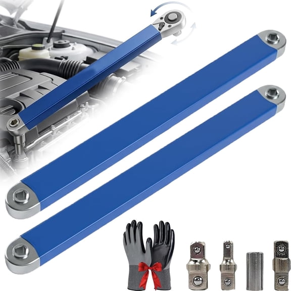 Pro Off set Extension Wrench Set, Extended Universal Ratchet Wrench, 15-Inch Impact Ready Tight Reach Tool with 1/4", 3/8" & 1/2" Drive Adapters, for Automotive & Hard-to-Reach Spaces (Blue)