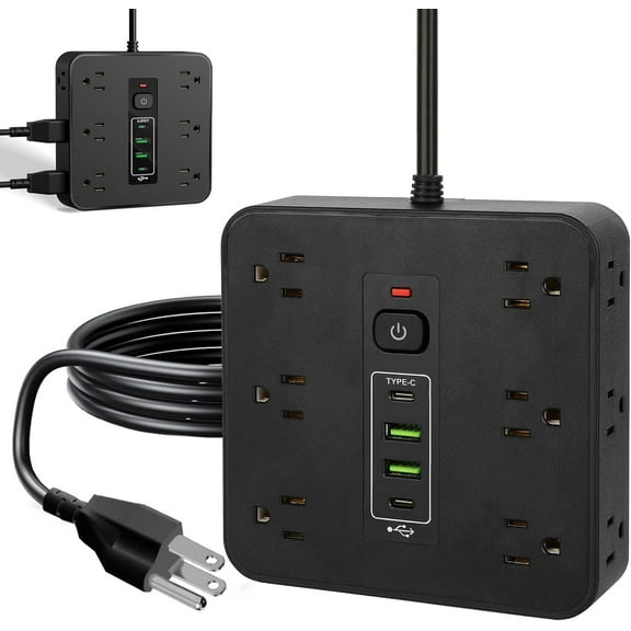 Pro16-in-1 Surge Protector Power Strip, 2 USB-C + 2 USB-A Ports,12 Wide-Spaced AC Outlets,  6.6FT Cord with Overload Protection for Home Office Gaming  Power Strip (LR Black 1 PCS)