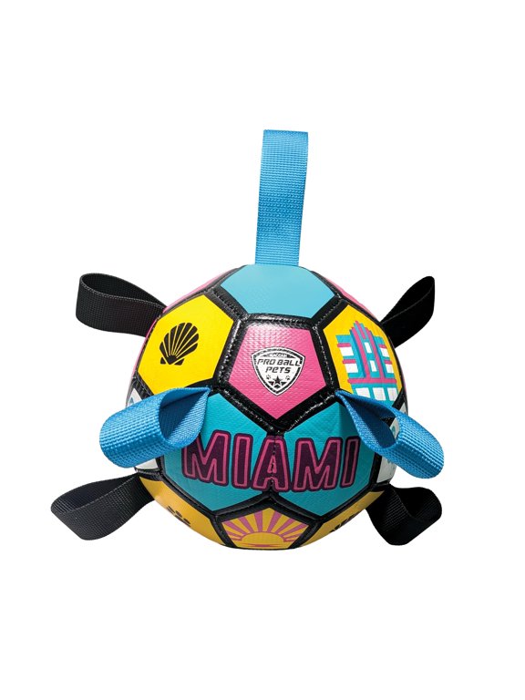 ProBall Pets Miami Dog Soccer Ball with Straps, 6 Inch Interactive Ball for Small Medium Dogs, Floating Pool Toy, Outdoor Fetch & Tug Toy, Dog Birthday & Christmas Gift, City Edition