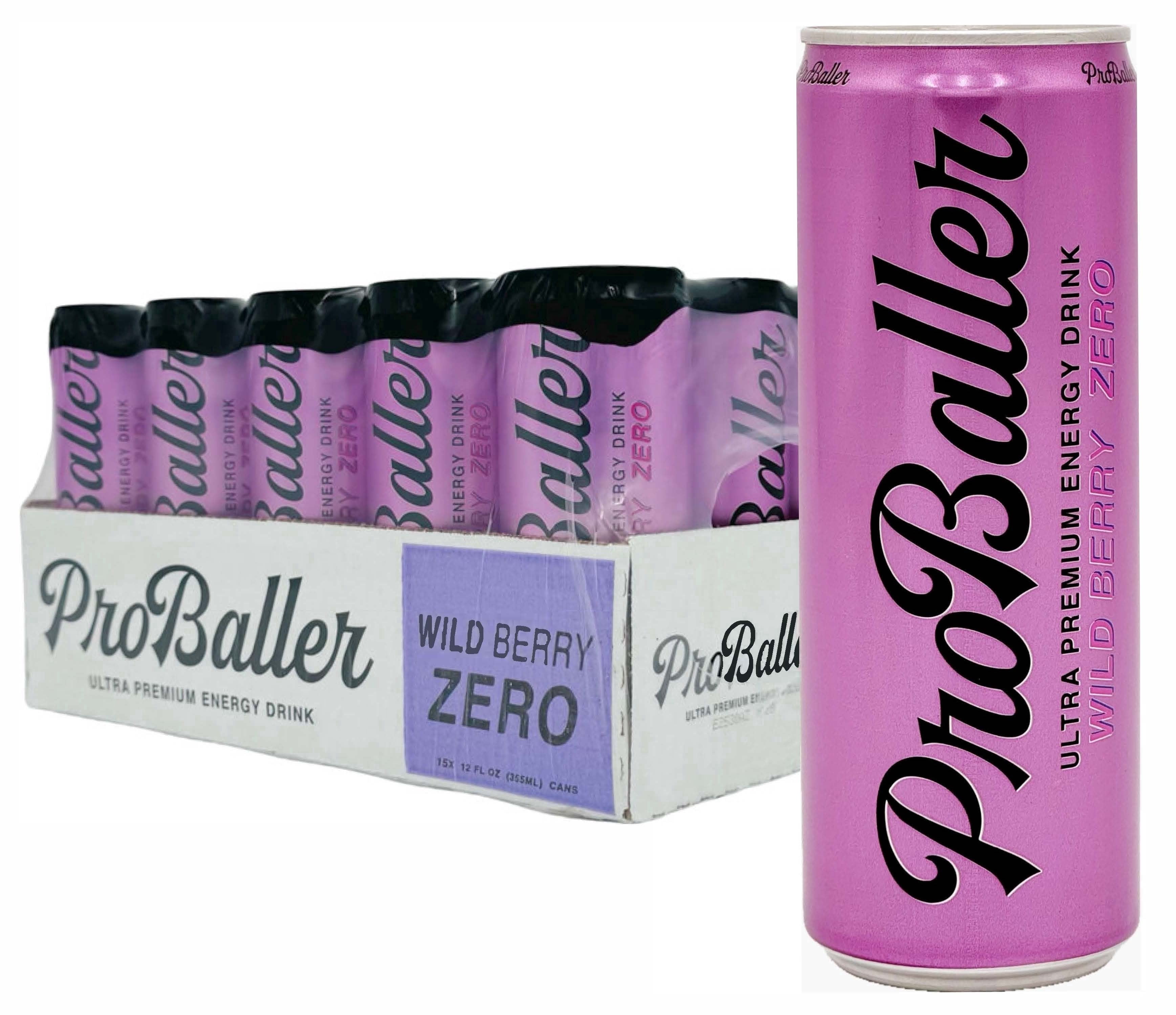 ProBaller Ultra Premium Energy Drink - Wild Berry ZERO- NSF SPORT CERTIFIED- Natural Clean Energy- Guarna, Ginseng, Essential B-Vitamins- B12 (Methylcobalamin) + more. 12 fl oz (pack of 15)