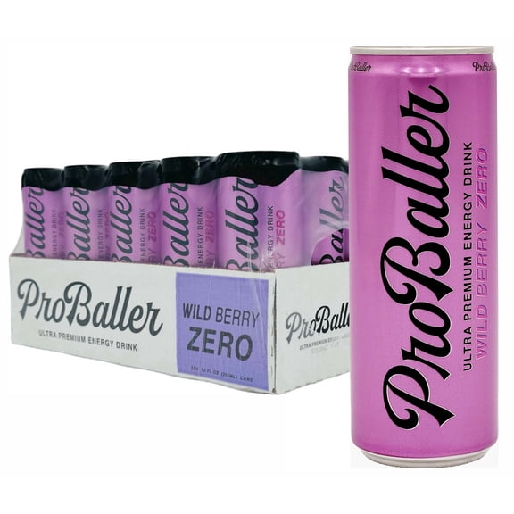 ProBaller Ultra Premium Energy Drink - Wild Berry ZERO- NSF SPORT CERTIFIED- Natural Clean Energy- Guarna, Ginseng, Essential B-Vitamins- B12 (Methylcobalamin) + more. 12 fl oz (pack of 15)