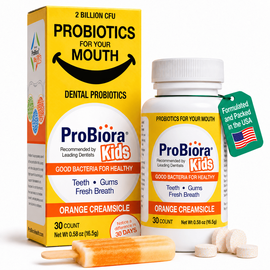 ProBiora Oral-Care Chewable Probiotic Tablets for Kids, Dental Probiotic, Probiotics for bad breath, Oral probiotic for kids, Oral health, Sugar-free Orange creamsicle flavor, 30 Tablets
