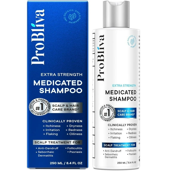 ProBliva Medicated Anti-Fungal Shampoo: Extra Strength Antifungal Hair Treatment for Dandruff, Folliculitis, Psoriasis, Seborrheic Dermatitis - Relieves Itchy & Dry Scalp - 8.4 fl oz
