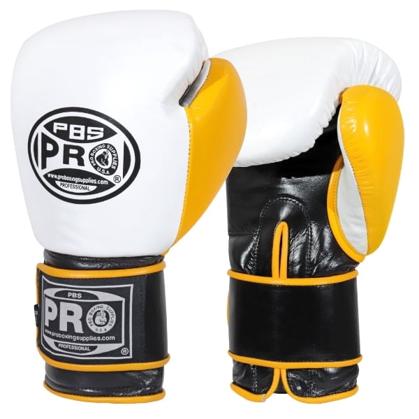 ProBoxing® Leather Boxing Gloves – (White & Yellow) (16oz) Training Boxing Gloves for Boxing, MMA, Muay Thai & Sparring – Durable Genuine Leather, Wrist Support, Impact Protection