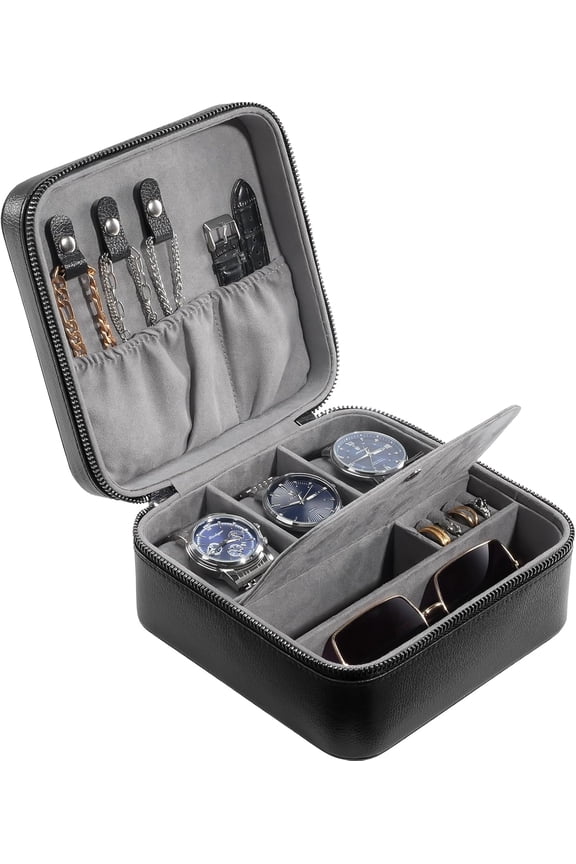 3 Slots PU Leather Portable Watches Cufflinks Accessories Storage Case with Zipper -Black