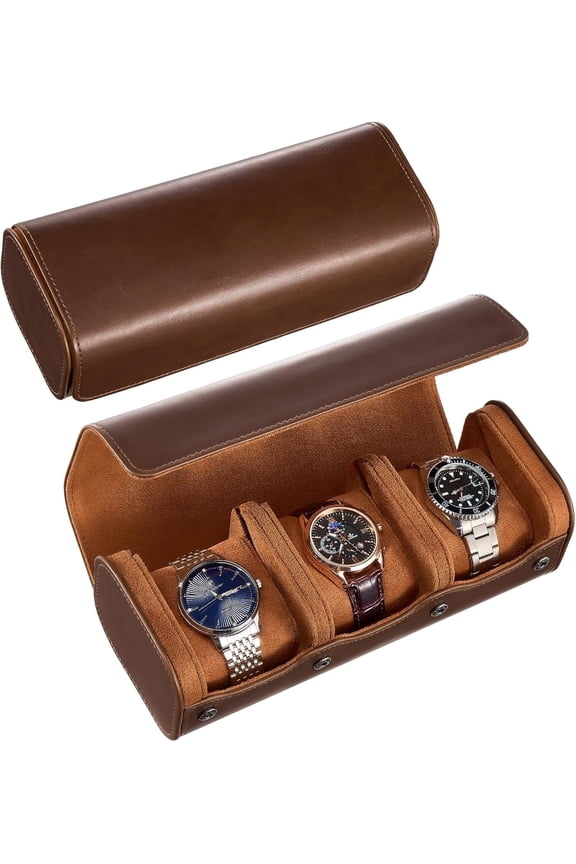 3 Slots PU Leather Watch Roll Box for Men, Portable Watch Holder Organizer -Brown