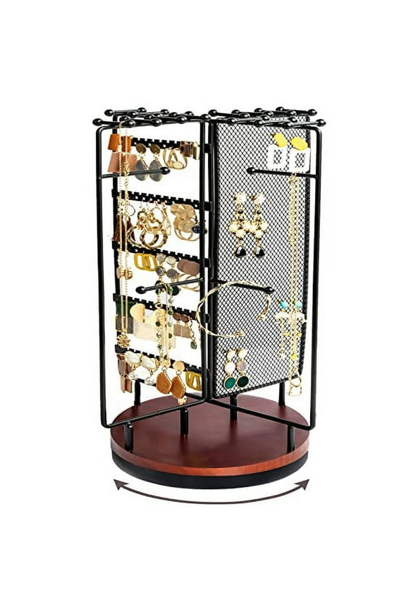360 Rotating Jewelry Organizer Stand Earring Holder Organizer, Spinning Necklace Holder Earrings Display Rack Jewelry Tower Bracelet Holder (Holds More than 100 Pairs Earrings) -Black