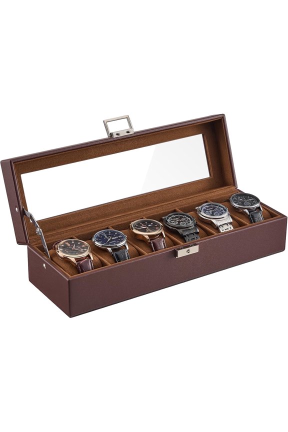 6 Slot Watch Case, PU leather Lockable Watch Organizer with Soft Pillow and Glass Display Lid -Espresso