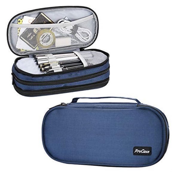 ProCase Big Capacity Pencil Case Pen Bag, Handheld Pencil Holder Pouch Pen Organizer Stationery Pouch with Durable Zipper Multi Compartments for Office Supplies –Navy