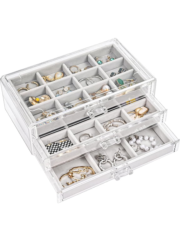 Earring Holder Organizer Box Valentine's Day Gifts, Clear Acrylic Jewelry Box for Women, Stackable Large Jewelry Storage Case with Adjustable Velvet Trays on Dresser Vanity -Grey, 3 Layers