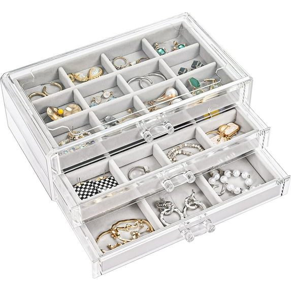 ProCase Earring Holder Organizer Box Valentine's Day Gifts, Clear Acrylic Jewelry Box for Women, Stackable Large Jewelry Storage Case with Adjustable Velvet Trays on Dresser Vanity -Grey, 3 Layers