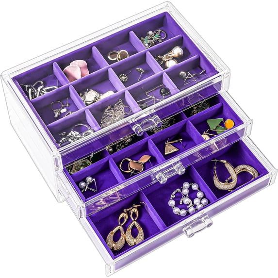 ProCase Earring Holder Organizer Box Valentine's Day Gifts, Clear Acrylic Jewelry Box for Women, Stackable Large Jewelry Storage Case with Adjustable Velvet Trays on Dresser Vanity -Purple, 3 Layers