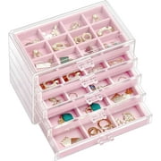ProCase Earring Holder Organizer Box Valentine's Day Gifts, Clear Acrylic Jewelry Box for Women, Stackable Large Jewelry Storage Case with Adjustable Velvet Trays on Dresser Vanity -Pink, 5 Layers