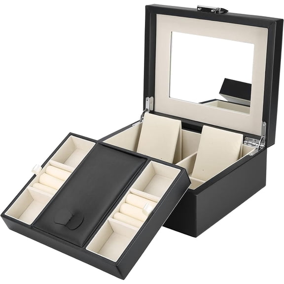 ProCase Deluxe Two Layers Jewelry Storage Case with Mirror -Black
