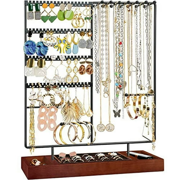 ProCase Jewelry Holder Organizer Earring Organizer Earrings Holder Stand, 6 Tiers Necklace Rack Jewellery Tower Bracelets Holder Storage Tree with Removable Wooden Ring Tray for Women Girls -Black