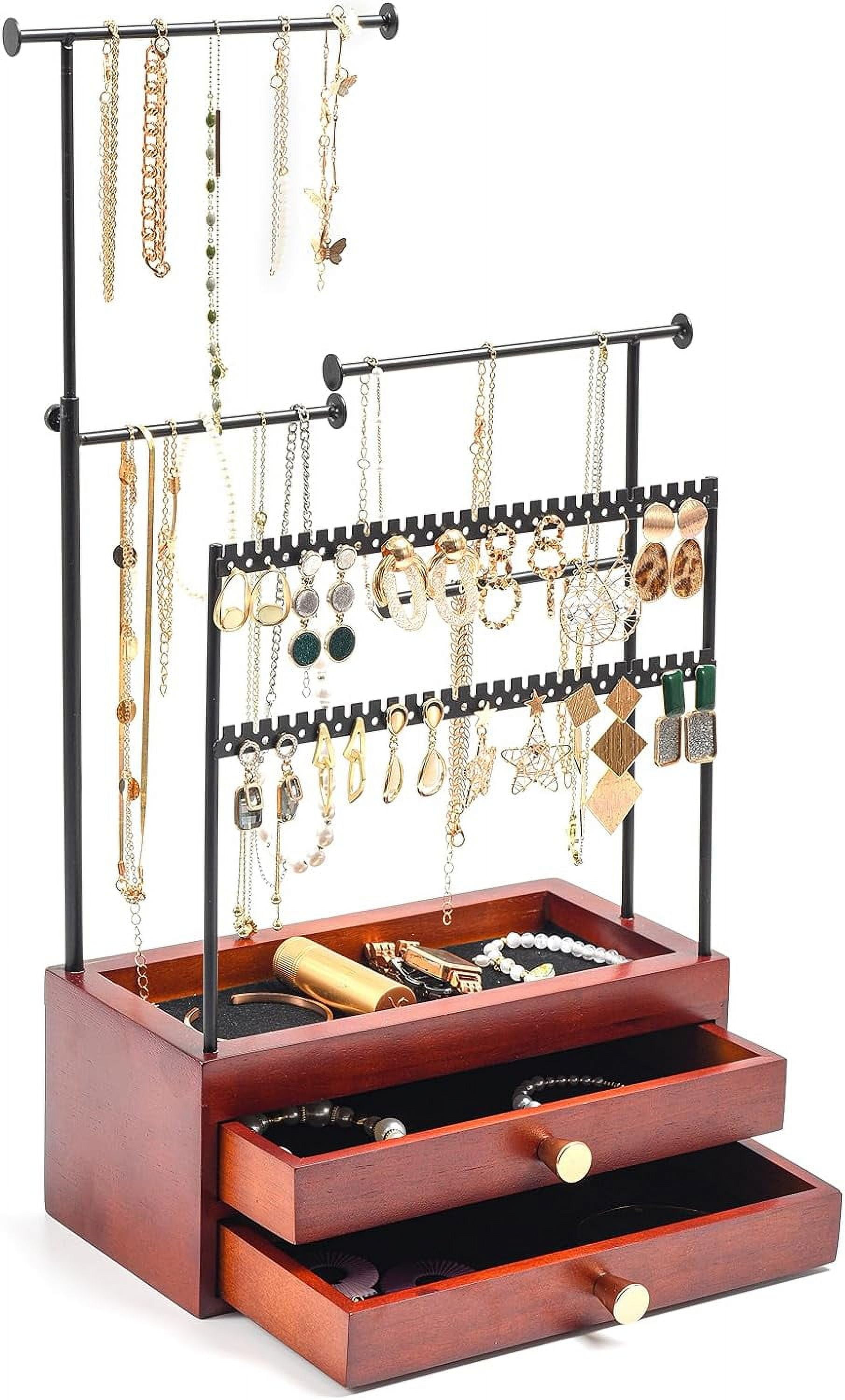 ProCase Jewelry Holder Organizer Wooden Jewelry Box with 2 Drawers, 5 Tiers Height Adjustable Necklace Holder Jewellery Tower Earring Storage Rack for Necklaces Earrings Bracelets Rings -Black