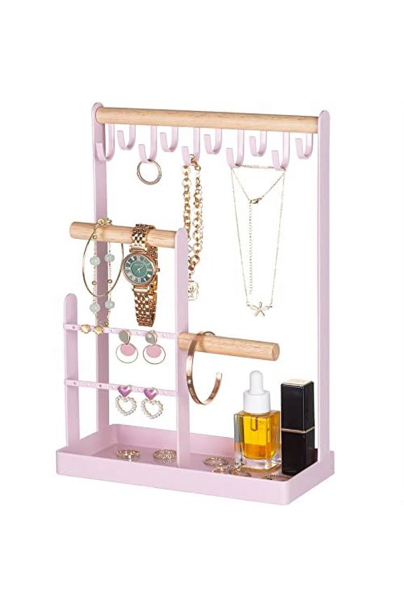 Jewelry Organizer Stand Necklace Holder, 4-Tier Jewelry Tower Rack with Earring Tray and Holes, 10 Hooks Necklaces Hanging Storage Tree Display for Bracelets Watches Earrings Rings -Pink