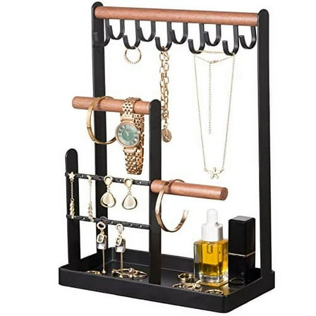 ProCase Jewelry Organizer Stand Necklace Holder, 4-Tier Jewelry Tower Rack with Earring Tray and Holes, 10 Hooks Necklaces Hanging Storage Tree Display for Bracelets Watches Earrings Rings -Black