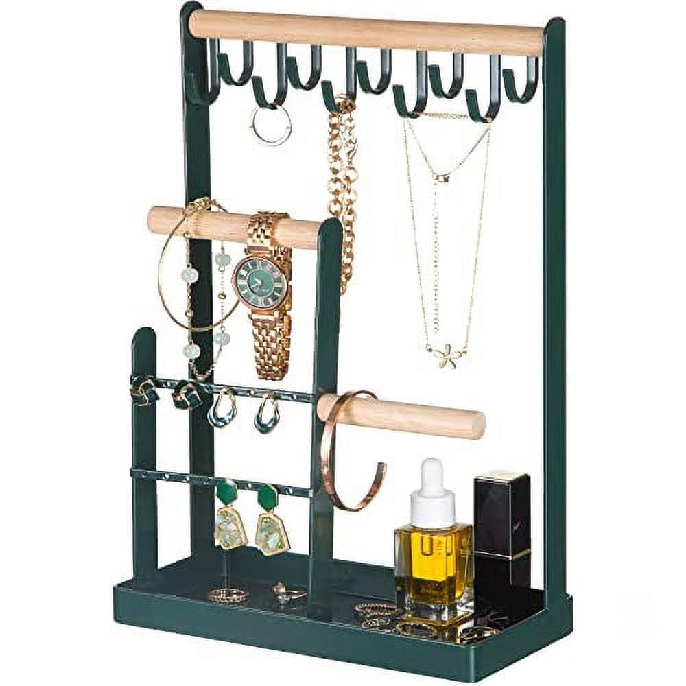 ProCase Jewelry Organizer Stand Necklace Holder, 4-Tier Jewelry Tower Rack with Earring Tray and Holes, 10 Hooks Necklaces Hanging Storage Tree Display for Bracelets Watches Earrings Rings -Green