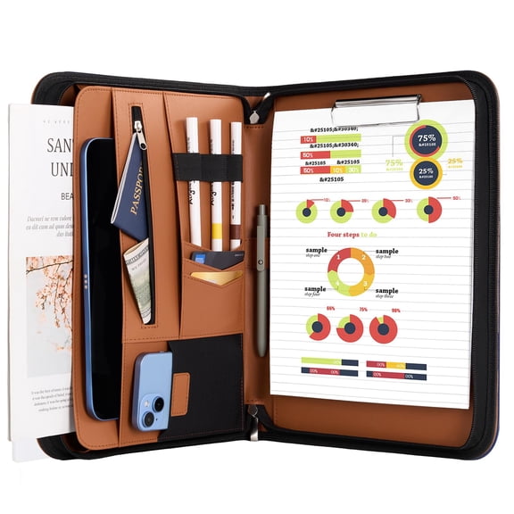 ProCase Portfolio Binder, Leather Padfolio File Folder Zipper Notepad Business Legal Document Holder with Tablet Sleeve, Phone Pouch, Card Organizer, Writing Pad -Tan