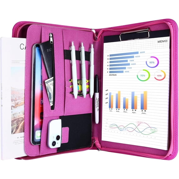 ProCase Portfolio Business Padfolio Folder with Zipper, Document Organizer with Pockets Letter Size A4 Writing Pad Padfolio -Magenta