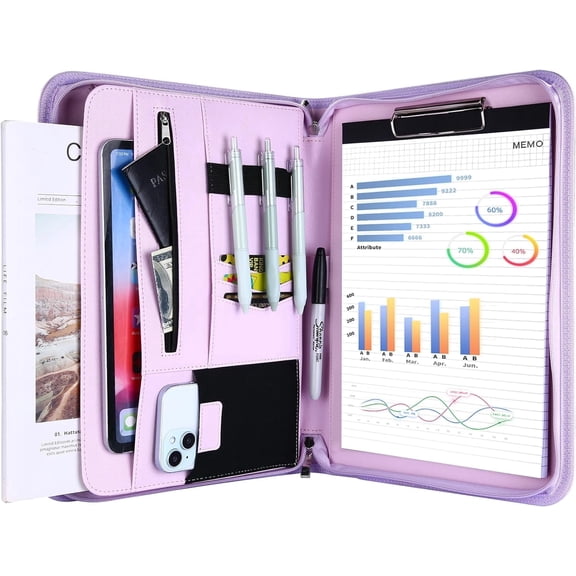 ProCase Portfolio Business Padfolio Folder with Zipper, Document Organizer with Pockets Letter Size A4 Writing Pad Notepad Padfolio -Purple