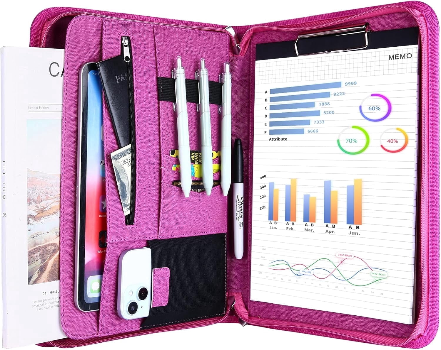 ProCase Portfolio Business Padfolio Folder with Zipper, Document Organizer with Pockets Letter Size A4 Writing Pad Padfolio -Magenta